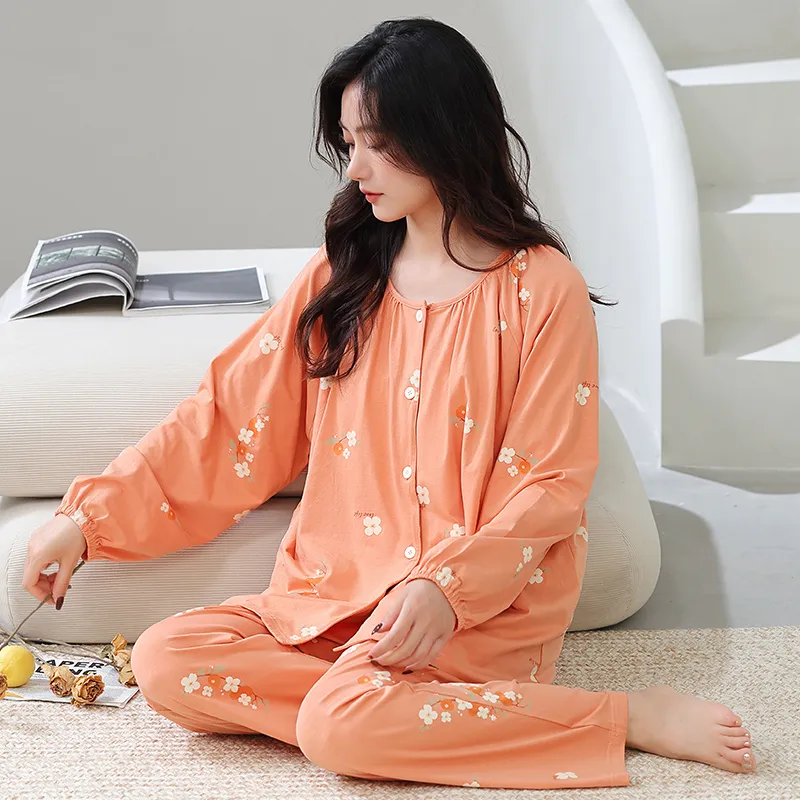 Cotton Gene Pajama Set Women's Orange Red-4
