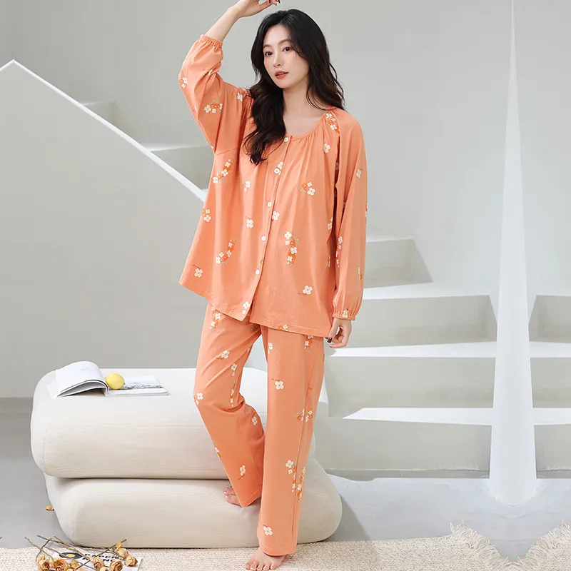 Cotton Gene Pajama Set Women's Orange Red-2