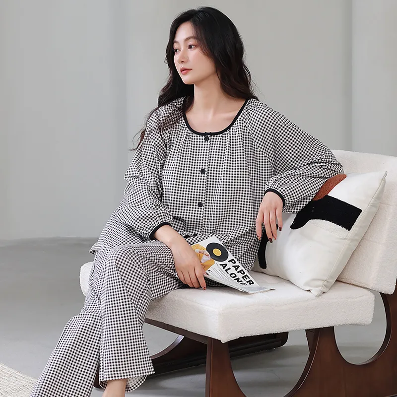 Cotton Gene Pajama Set Women's Black White Plaid-3