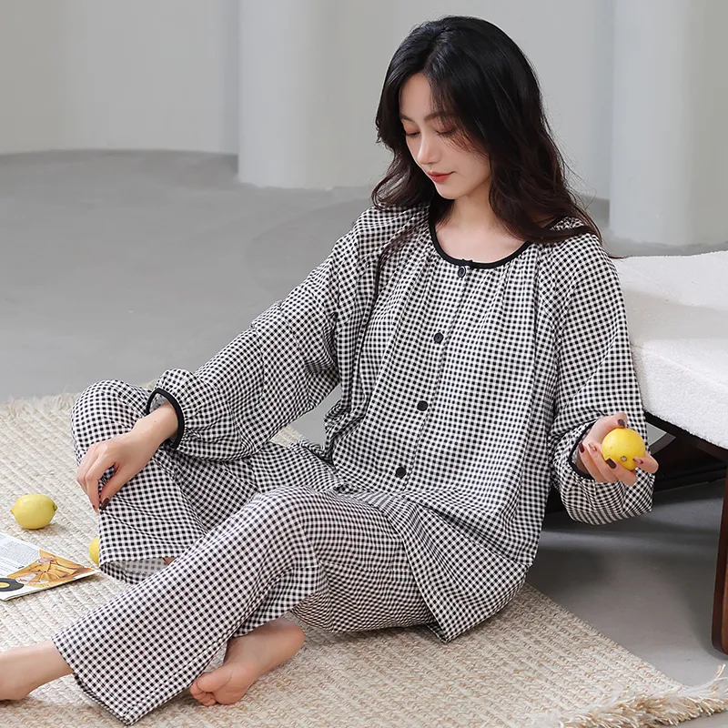 Cotton Gene Pajama Set Women's Black White Plaid-4