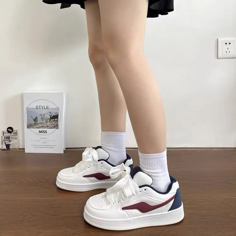 CHERRY&KALIKA Anti-Slip And Wear-Resistant Lightweight Height Increasing Low-Top Skateboard Shoes Unisex White Burgundy-2