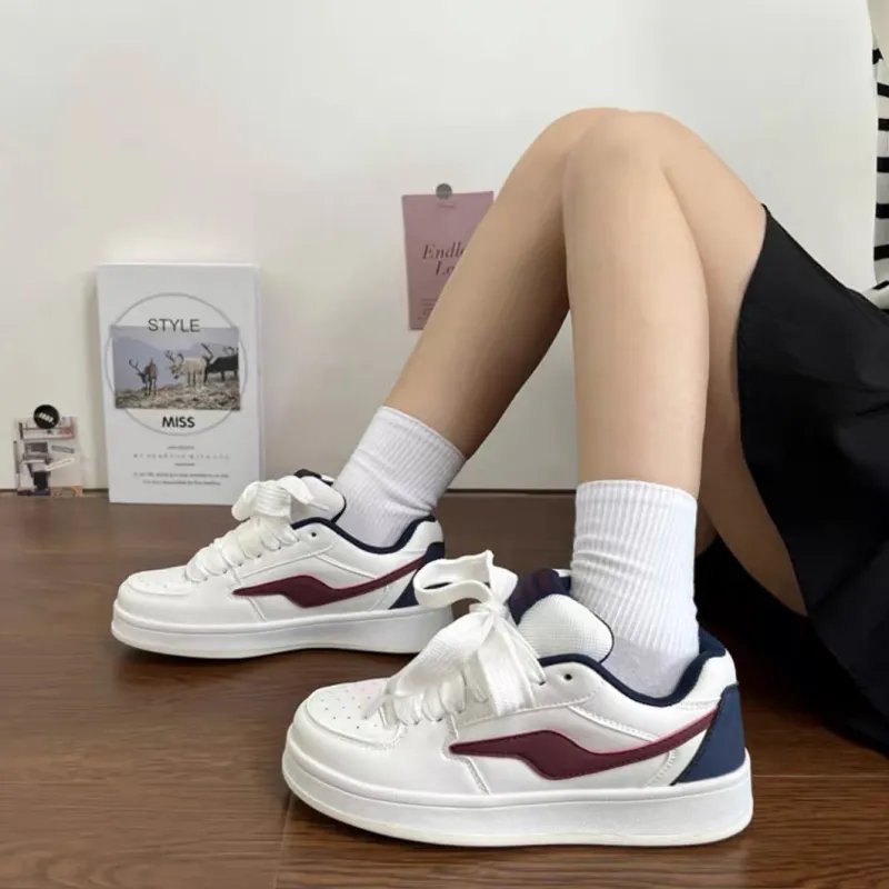 CHERRY&KALIKA Anti-Slip And Wear-Resistant Lightweight Height Increasing Low-Top Skateboard Shoes Unisex White Burgundy-4