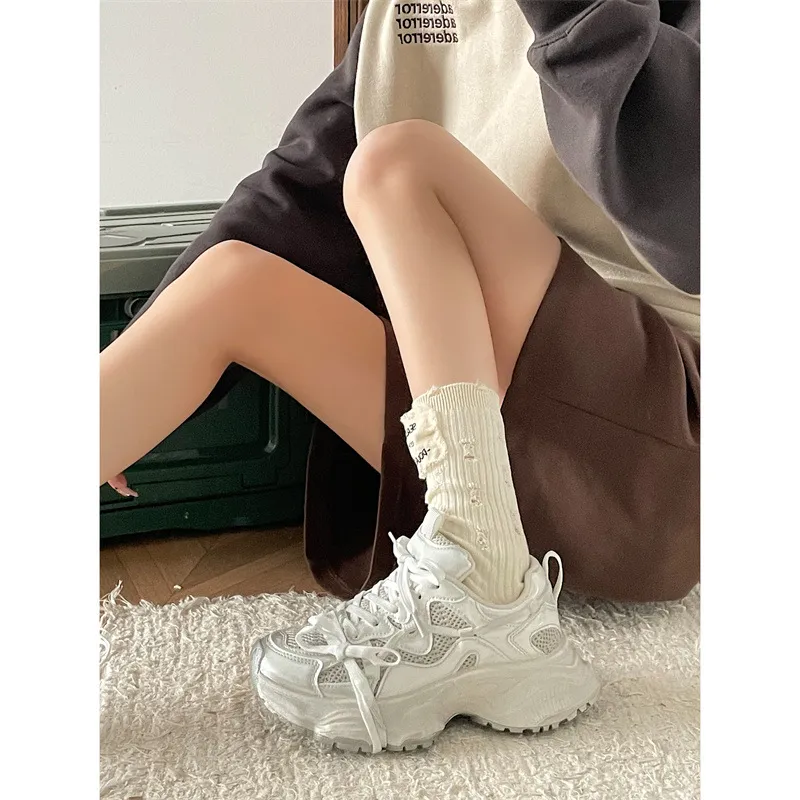 CHERRY&KALIKA Slip Resistant, Abrasion Resistant, Breathable, Lightweight Low Top Chunky Sneakers Women's Silver-6