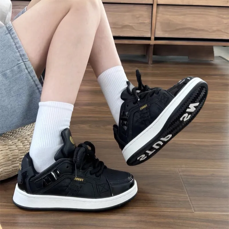 CHERRY&KALIKA Anti Slip And Wear Resistant Lightweight Height Increasing Low Top Skateboard Shoes Women's Black Gold-1