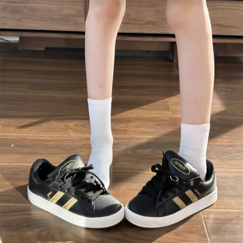 CHERRY&KALIKA Anti Slip And Wear Resistant Lightweight Height Increasing Low Top Skateboard Shoes Unisex Black Gold-5