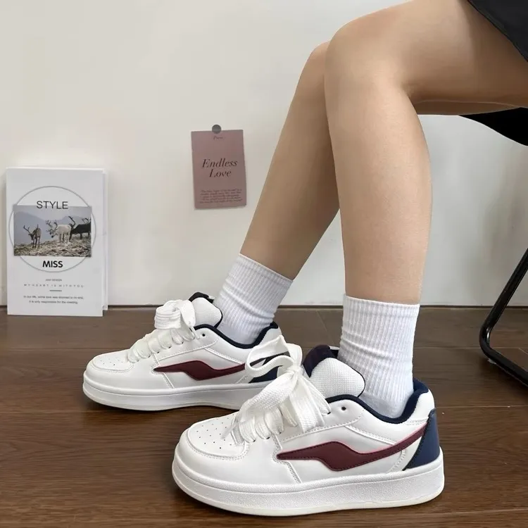 CHERRY&KALIKA Anti-Slip And Wear-Resistant Lightweight Height Increasing Low-Top Skateboard Shoes Unisex White Burgundy-1