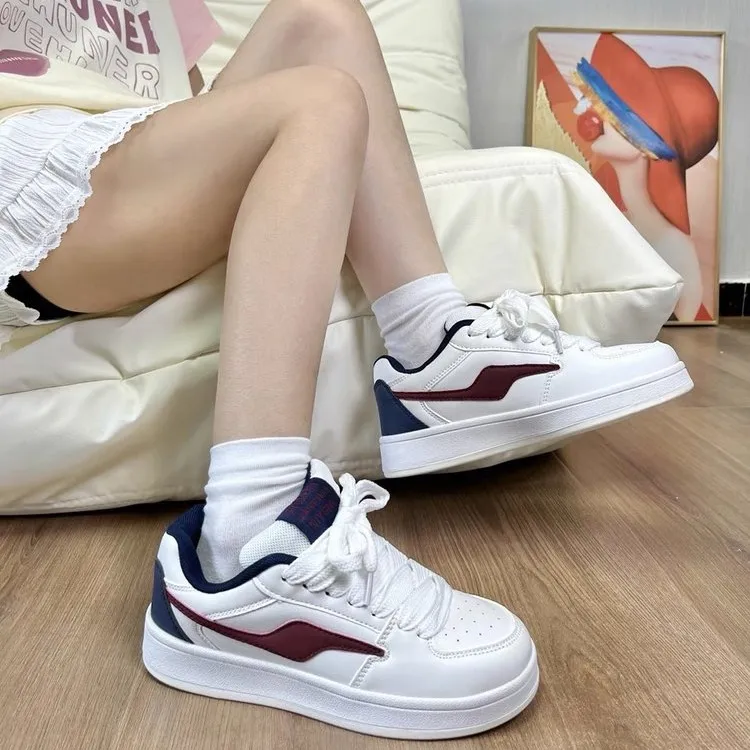 CHERRY&KALIKA Anti-Slip And Wear-Resistant Lightweight Height Increasing Low-Top Skateboard Shoes Unisex White Burgundy-5