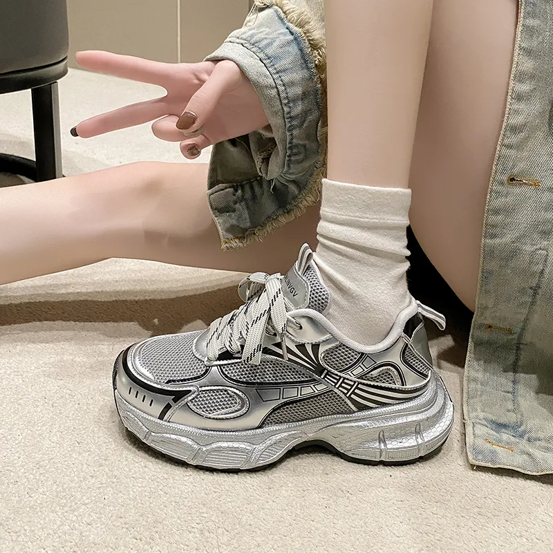 CHERRY&KALIKA Cushioning, Slip Resistant, And Abrasion Resistant Low Top Chunky Sneakers Women's Silver-6