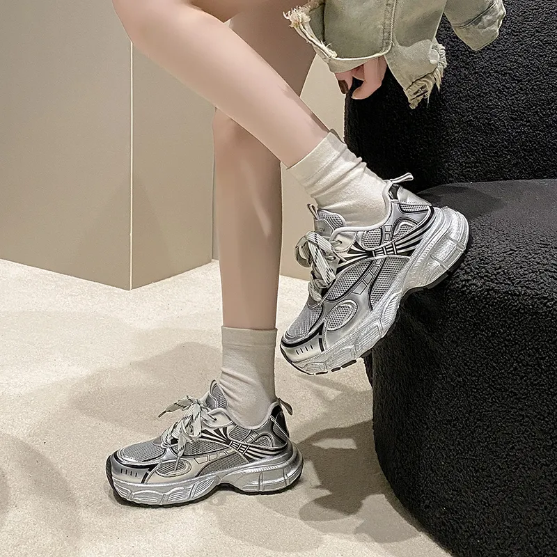 CHERRY&KALIKA Cushioning, Slip Resistant, And Abrasion Resistant Low Top Chunky Sneakers Women's Silver-5