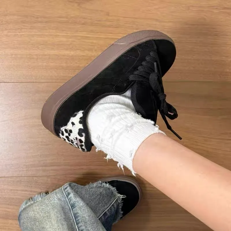 Anti-Slip And Wear-Resistant Lightweight Height Increasing Low-Top Skateboard Shoes Women's Black Leopard Print Element-3