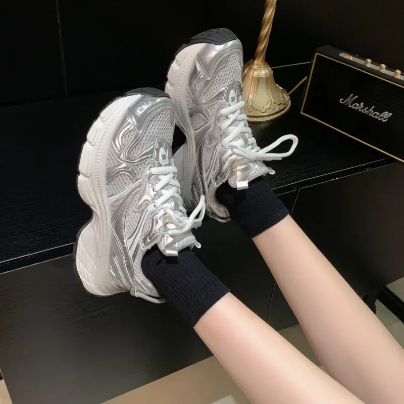 CHERRY&KALIKA Cushioning, Slip Resistant, Abrasion Resistant, Breathable Low Top Chunky Sneakers Women's Silver-3