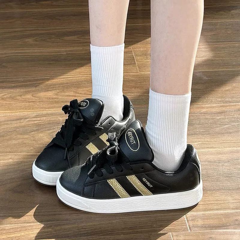 CHERRY&KALIKA Anti Slip And Wear Resistant Lightweight Height Increasing Low Top Skateboard Shoes Unisex Black Gold-1