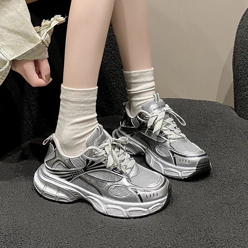 CHERRY&KALIKA Cushioning, Slip Resistant, And Abrasion Resistant Low Top Chunky Sneakers Women's Silver-2