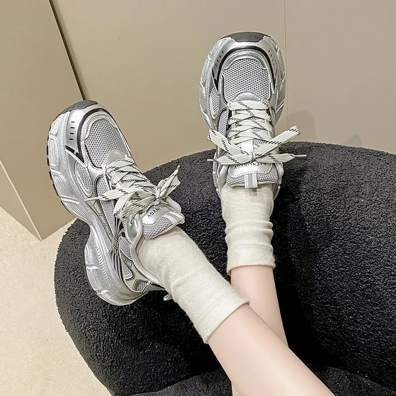 CHERRY&KALIKA Cushioning, Slip Resistant, And Abrasion Resistant Low Top Chunky Sneakers Women's Silver-4