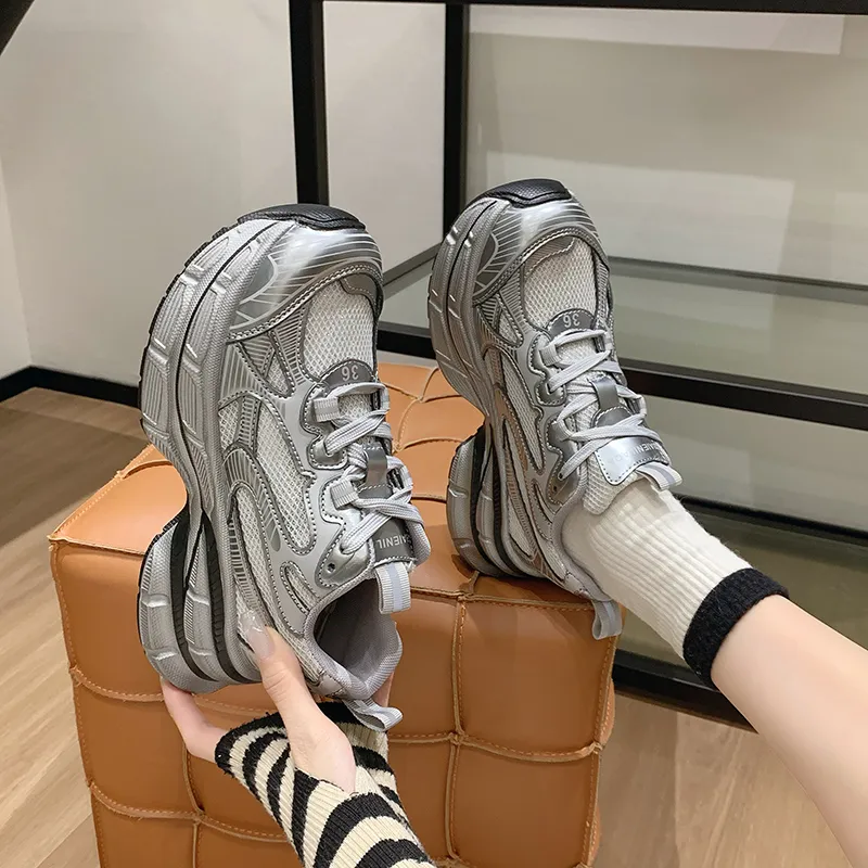 CHERRY&KALIKA Cushioned Wear Resistant Lightweight Breathable Slip Resistant Low Top Chunky Sneakers Women's Silver-4