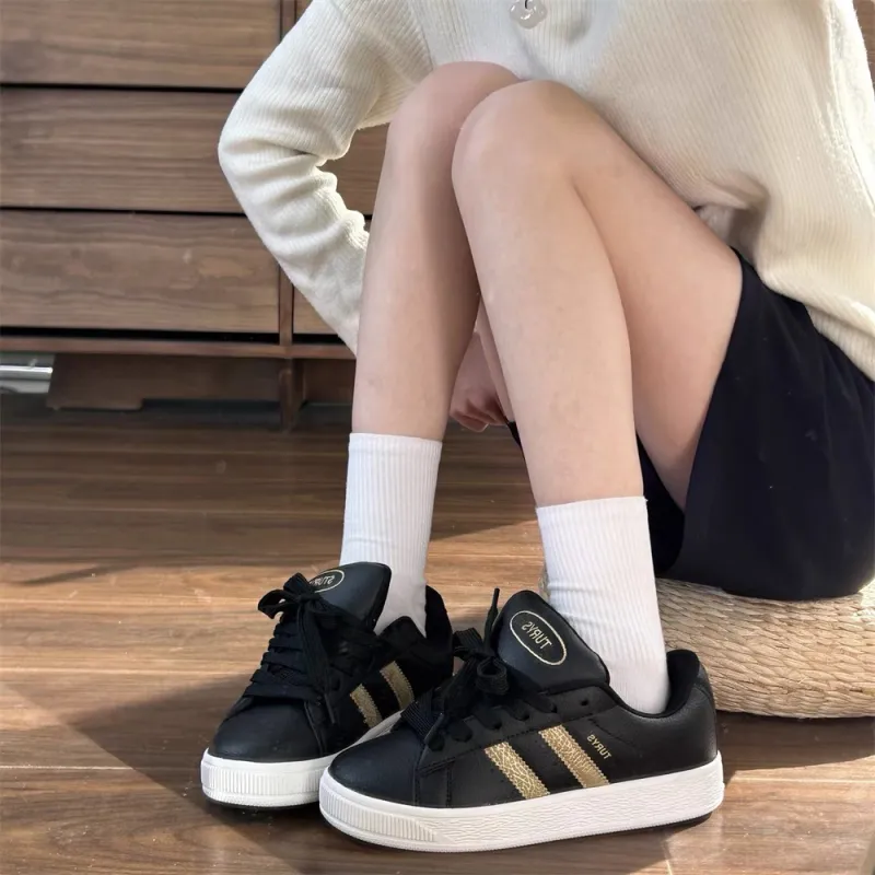 CHERRY&KALIKA Anti Slip And Wear Resistant Lightweight Height Increasing Low Top Skateboard Shoes Unisex Black Gold-3