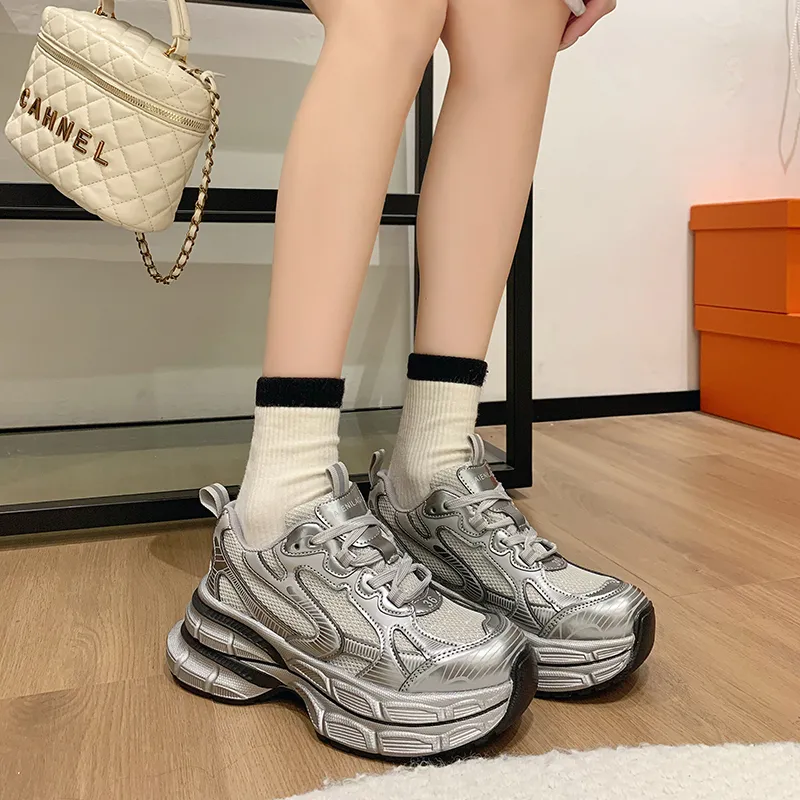 CHERRY&KALIKA Cushioned Wear Resistant Lightweight Breathable Slip Resistant Low Top Chunky Sneakers Women's Silver-3