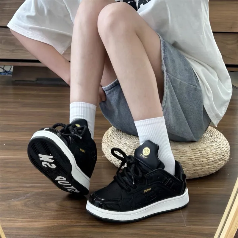 CHERRY&KALIKA Anti Slip And Wear Resistant Lightweight Height Increasing Low Top Skateboard Shoes Women's Black Gold-2