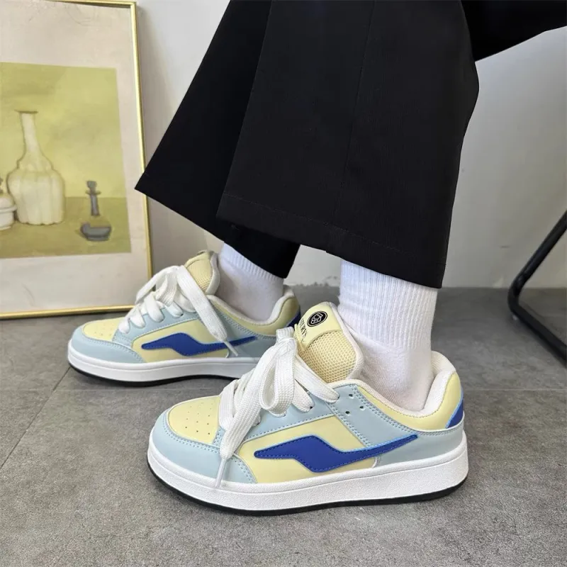 CHERRY&KALIKA Anti Slip And Wear Resistant Lightweight Height Increasing Low Top Skateboard Shoes Women's Blue Yellow-3