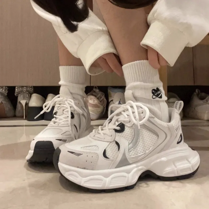 CHERRY&KALIKA Cushioning, Slip Resistant, Abrasion Resistant, Height Increasing Low Top Chunky Sneakers Women's White-6