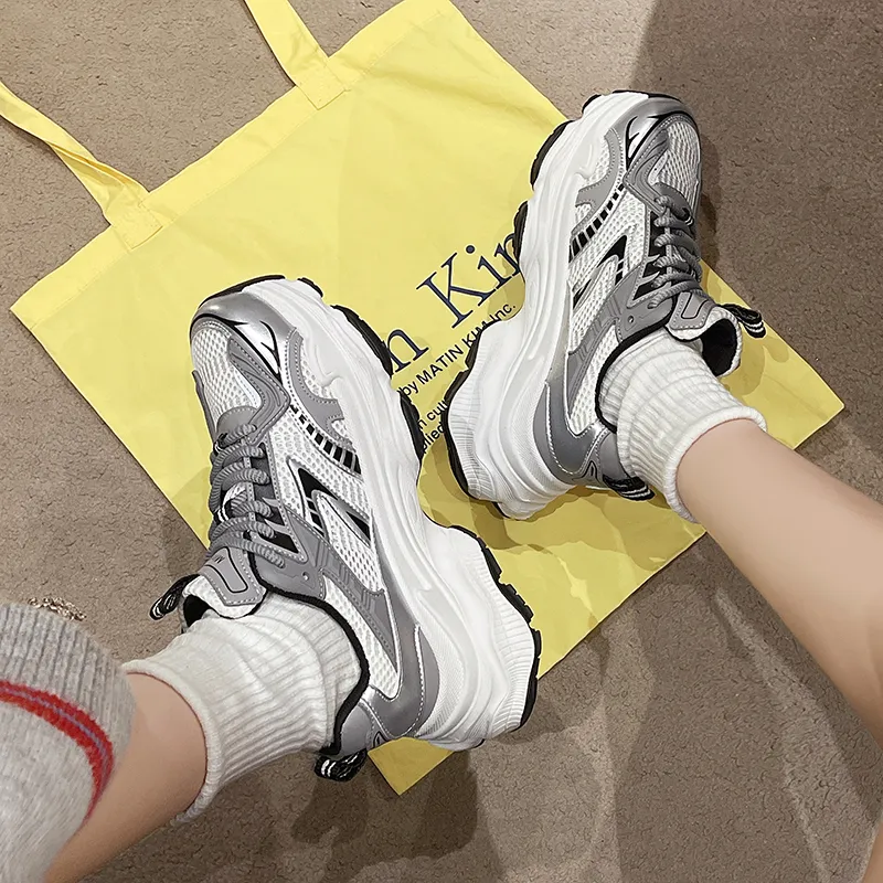 CHERRY&KALIKA Cushioning Anti Slip Wear Resistant Breathable Height Increasing Low Top Chunky Sneakers Women's Silver-1