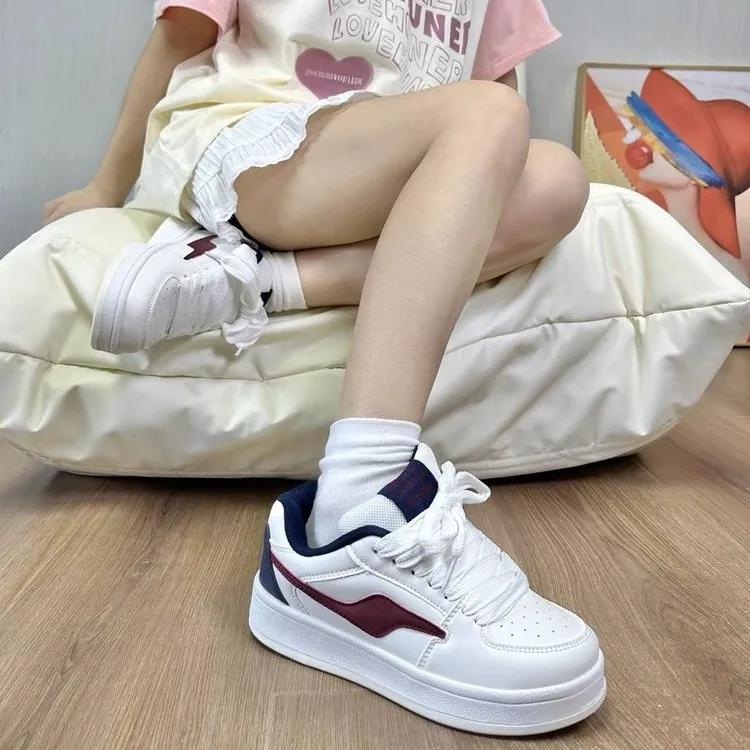 CHERRY&KALIKA Anti-Slip And Wear-Resistant Lightweight Height Increasing Low-Top Skateboard Shoes Unisex White Burgundy-6