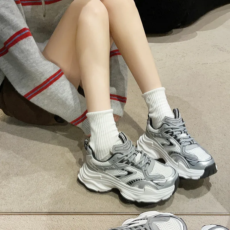 CHERRY&KALIKA Cushioning Anti Slip Wear Resistant Breathable Height Increasing Low Top Chunky Sneakers Women's Silver-3