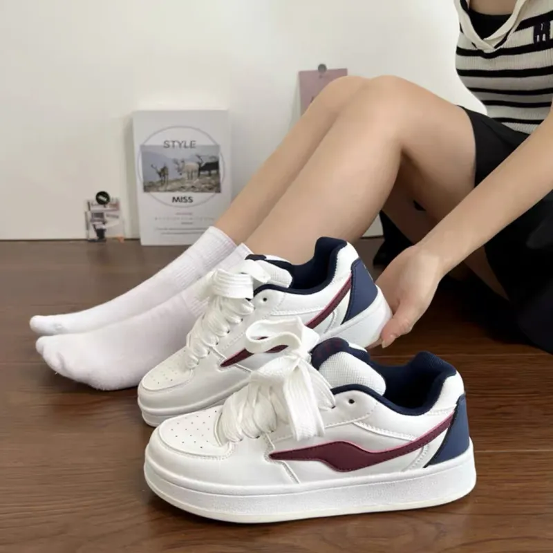 CHERRY&KALIKA Anti-Slip And Wear-Resistant Lightweight Height Increasing Low-Top Skateboard Shoes Unisex White Burgundy-3