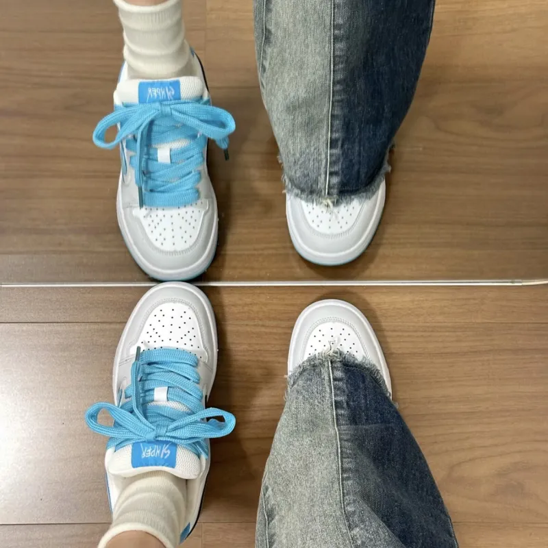 CHERRY&KALIKA Anti Slip Wear Resistant Lightweight Breathable Low Top Skateboard Shoes Women's White Blue Gray-4