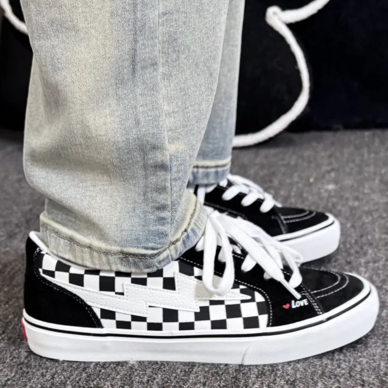 CHERRY&KALIKA Anti Slip Wear Resistant Lightweight Breathable Low Top Skateboard Shoes Unisex Black White Plaid-6