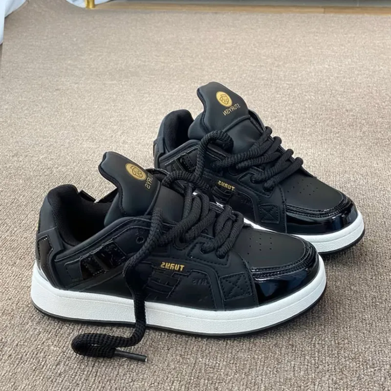 CHERRY&KALIKA Anti Slip And Wear Resistant Lightweight Height Increasing Low Top Skateboard Shoes Women's Black Gold-3