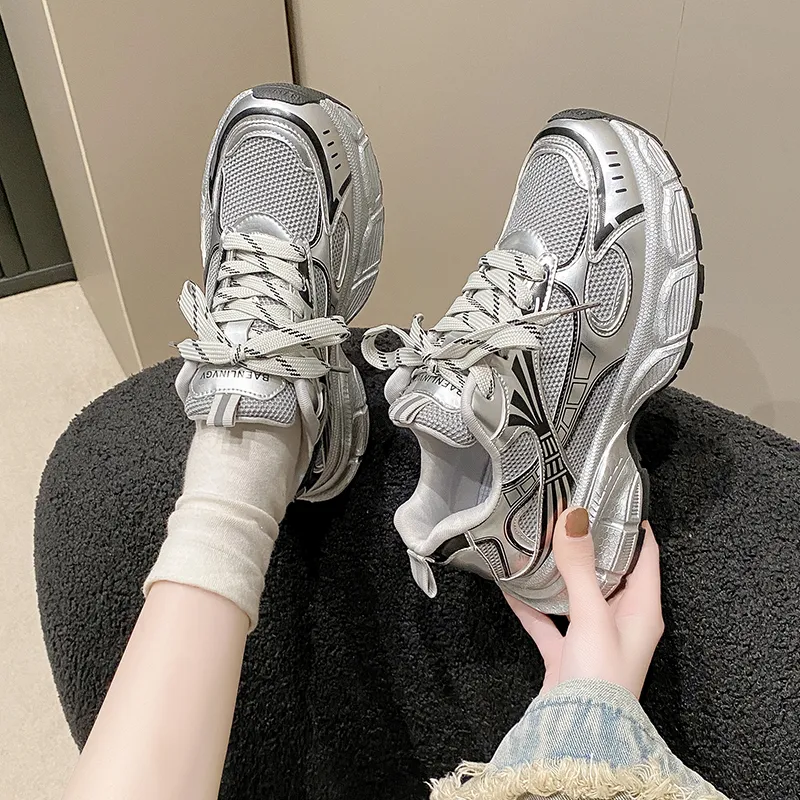 CHERRY&KALIKA Cushioning, Slip Resistant, And Abrasion Resistant Low Top Chunky Sneakers Women's Silver-3