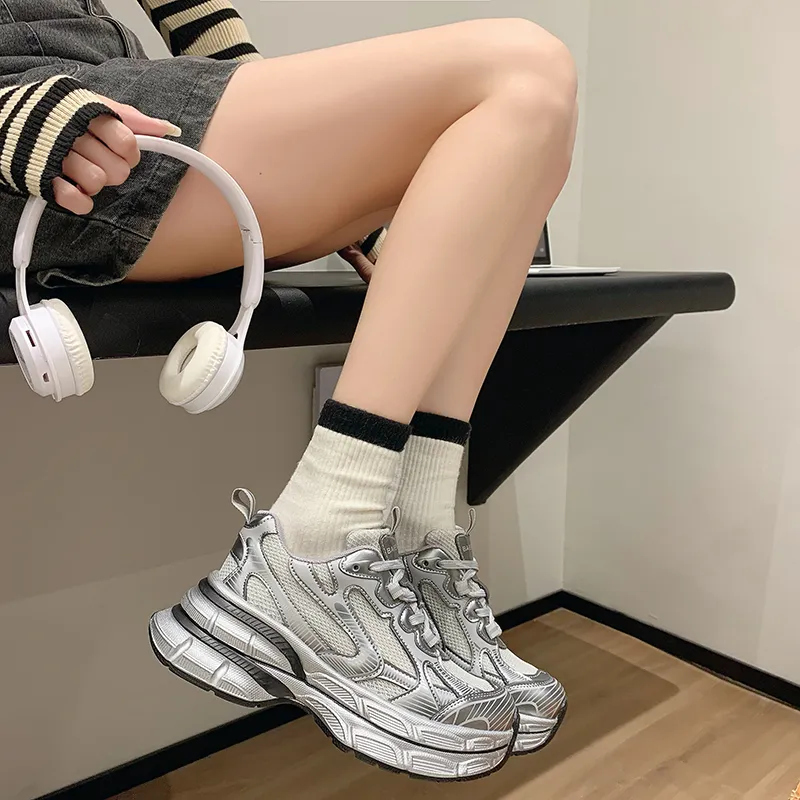 CHERRY&KALIKA Cushioned Wear Resistant Lightweight Breathable Slip Resistant Low Top Chunky Sneakers Women's Silver-2
