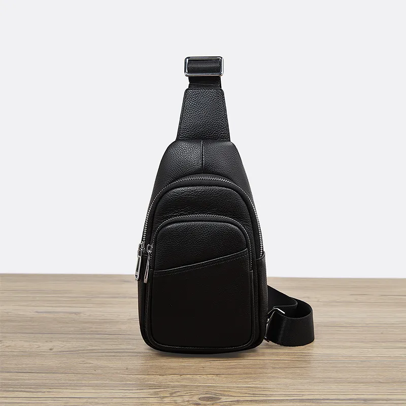 Old Man's Head Top Grain Cow Leather Sling Bag Men's Black-3