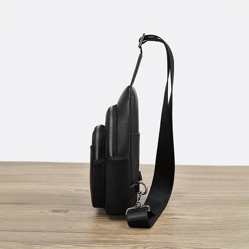 Old Man's Head Top Grain Cow Leather Sling Bag Men's Black-6