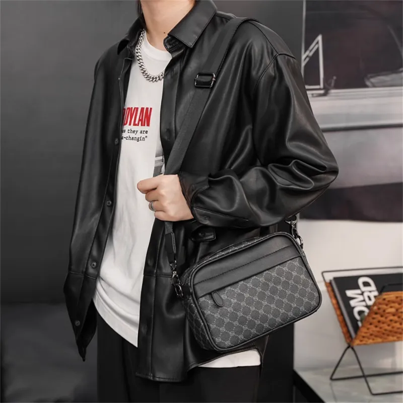 Old Man's Head Synthetic Leather Crossbody Bags Men's Black/Black Checkerboard/Black Pattern-17