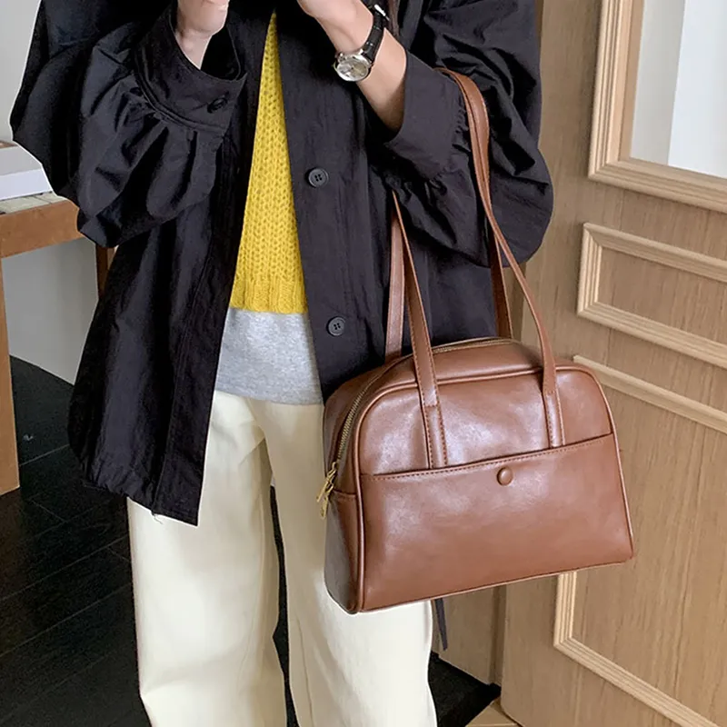 Old Man's Head Synthetic Leather Bowling Bag, Shoulder Bag Women's Coffee/Brown/Black-10
