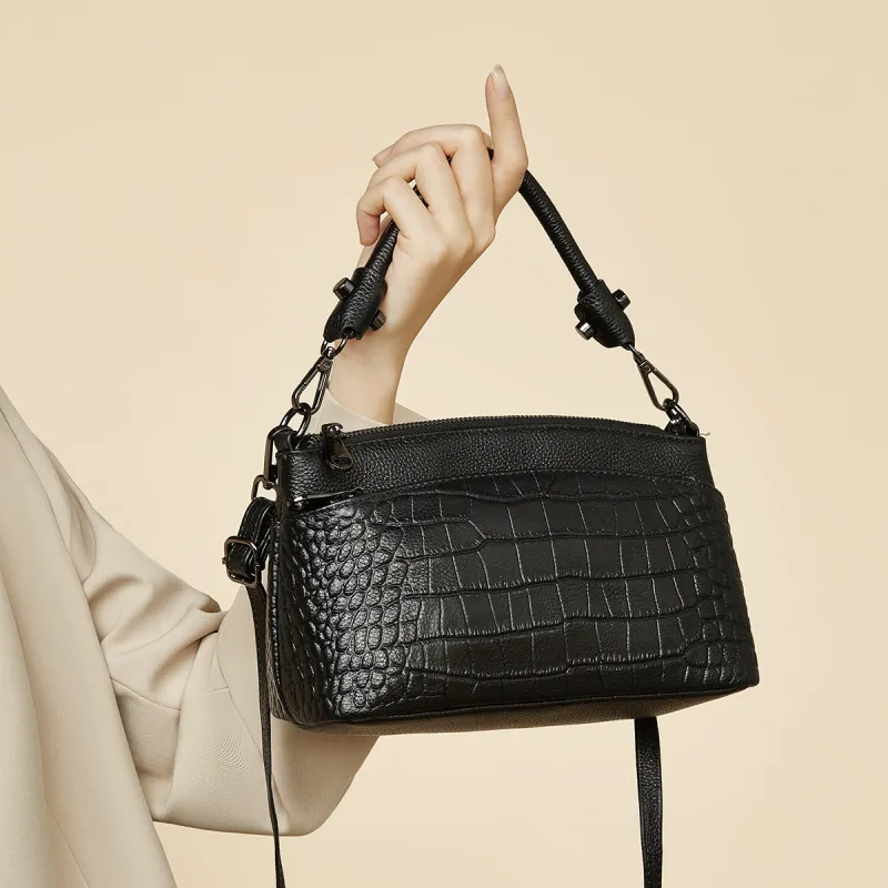 Old Man's Head Top Grain Cow Leather Underarm Crossbody Bag Regular Women's Gray/Black-13