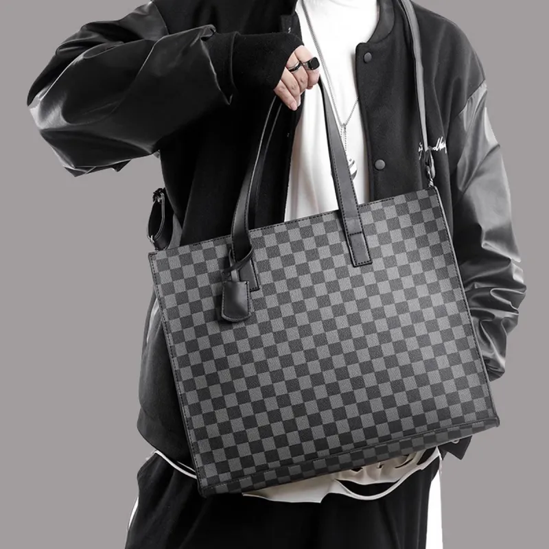 Old Man's Head Synthetic Leather Crossbody Bag Men's Black Checkerboard-4