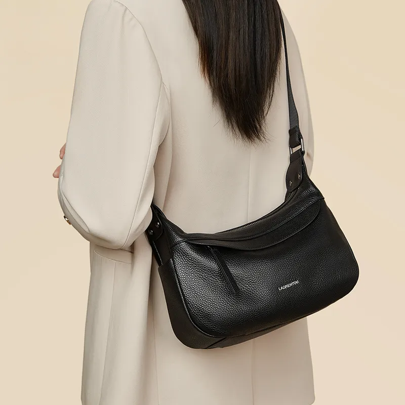 Old Man's Head Top Grain Cow Leather Shoulder Bag Women's Black-3