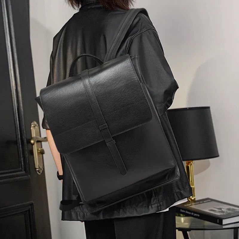 Old Man's Head Top Grain Cow Leather Backpack Men's Black-1
