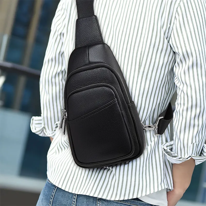 Old Man's Head Top Grain Cow Leather Sling Bag Men's Black-2