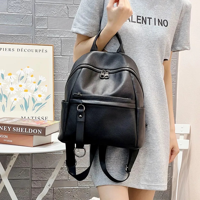 Old Man's Head Top Grain Cow Leather Backpack Women's Black-1
