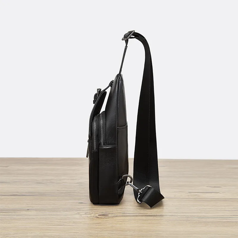 Old Man's Head Top Grain Cow Leather Crossbody Bag, Sling Bag Men's Black-4