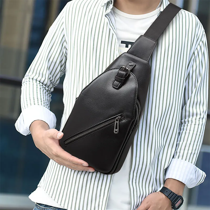 Old Man's Head Top Grain Cow Leather Crossbody Bag, Sling Bag Men's Black-1