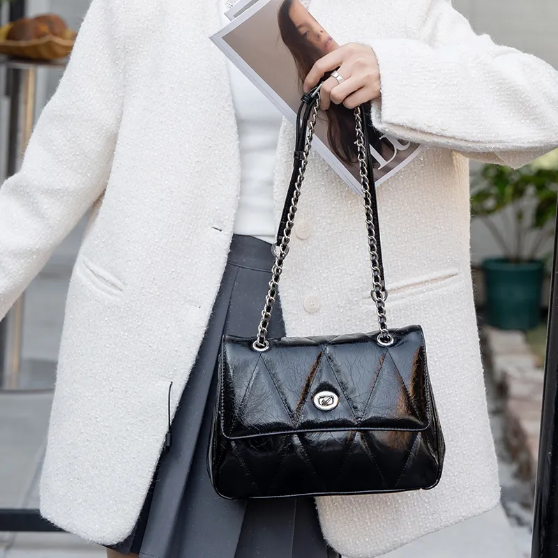 Old Man's Head Top Grain Cow Leather Shoulder Bag, Crossbody Bag Women's Black/Khaki/Silver-7