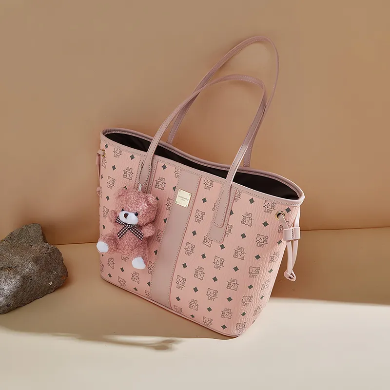 Old Man's Head Synthetic Leather Combo Bag, Shoulder Bag Women's Brown/Pink-12