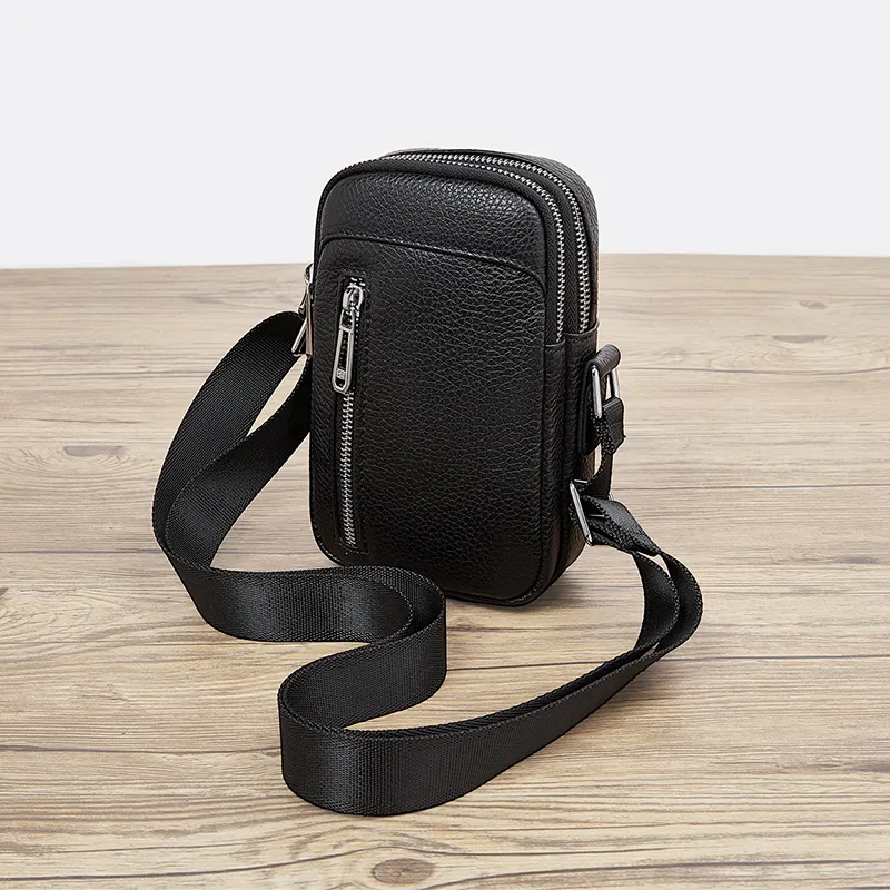 Old Man's Head Top Grain Cow Leather Shoulder Bag Men's Black-3