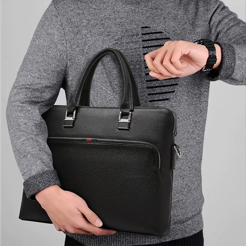 Old Man's Head Top Grain Cow Leather Briefcase Men's Black-2