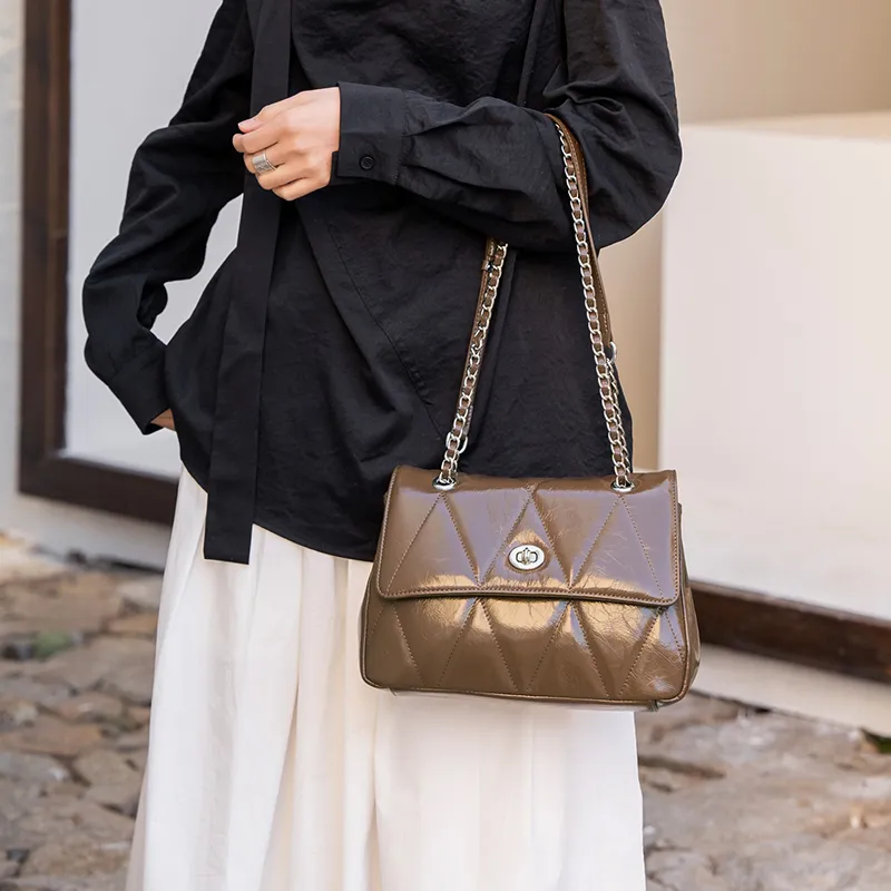 Old Man's Head Top Grain Cow Leather Shoulder Bag, Crossbody Bag Women's Black/Khaki/Silver-13